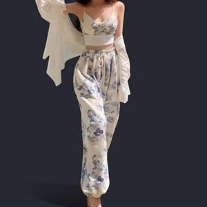Blue and White Floral Lounge Wear Set with Flowing Fabric